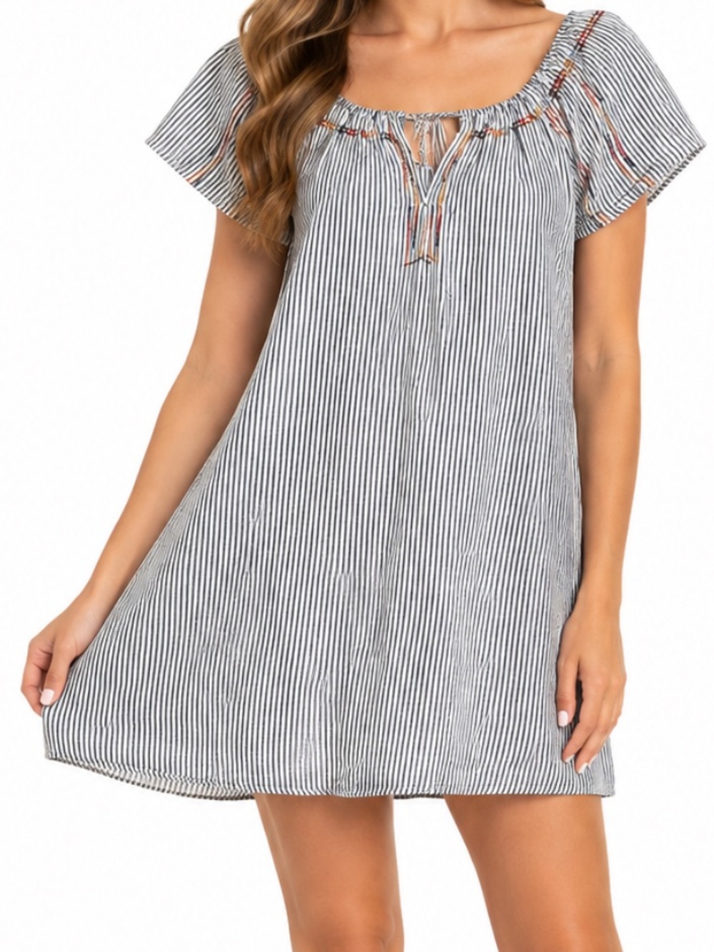 Knox Rose Linen Blend Boho Embroidered Striped Short Sleeve Dress Size XS